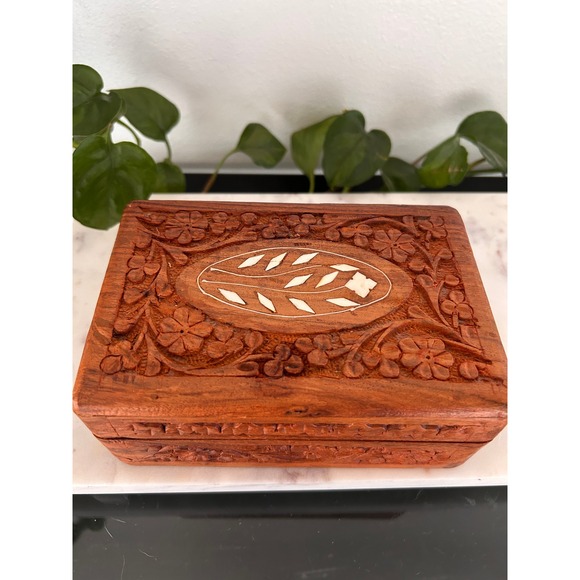 Other - Vintage Hand Carved Floral Wood Jewelry Box Shell Inlay Blue Velvet Lined